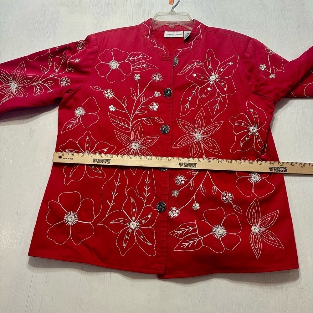 Draper’s & Damon’s Jacket XL Red Floral Embroidered Sequin Beaded Button Front - Picture 5 of 9